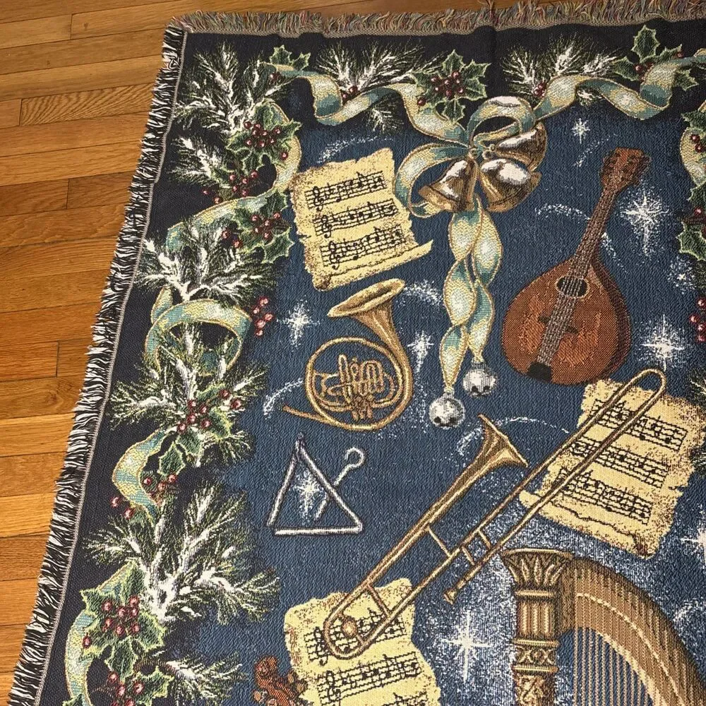 Vintage Crown Crafts VTG 44” X 64” Musical Christmas Needlepoint Fringed Blanket